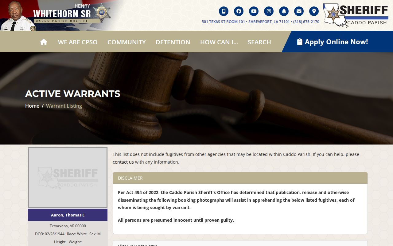 Caddo Parish Sheriff Active Warrants search page