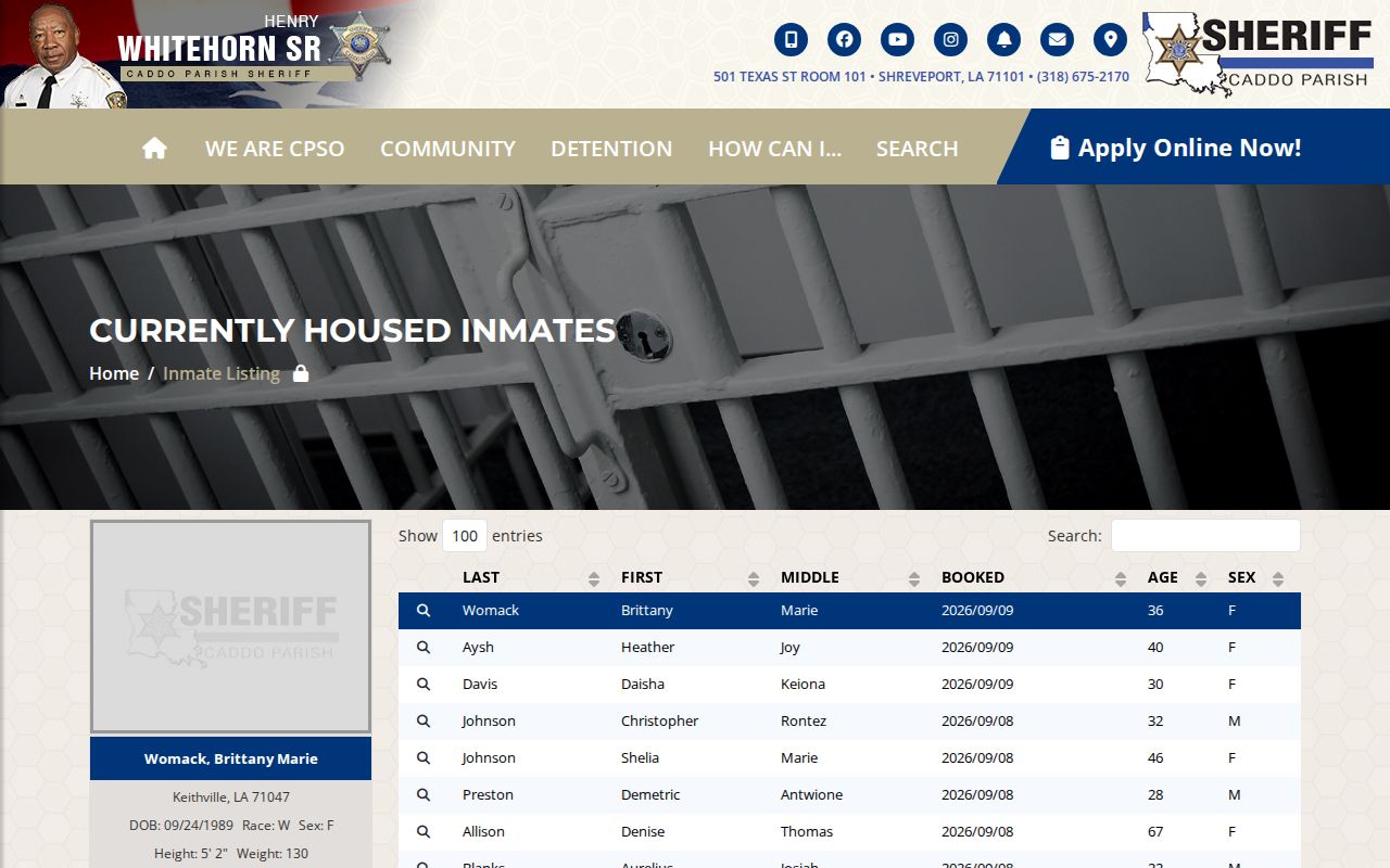 Caddo Parish Sheriff current inmate roster search interface