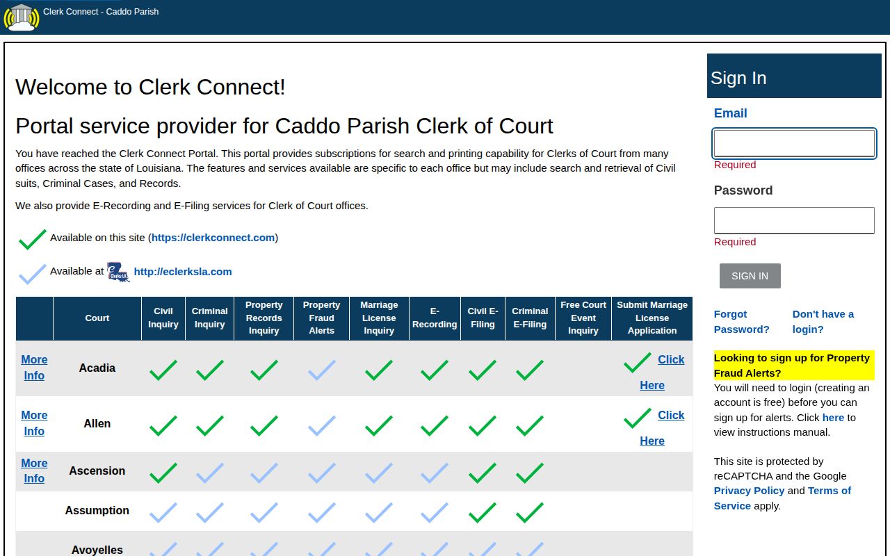 Caddo Parish Clerk Connect court record search interface