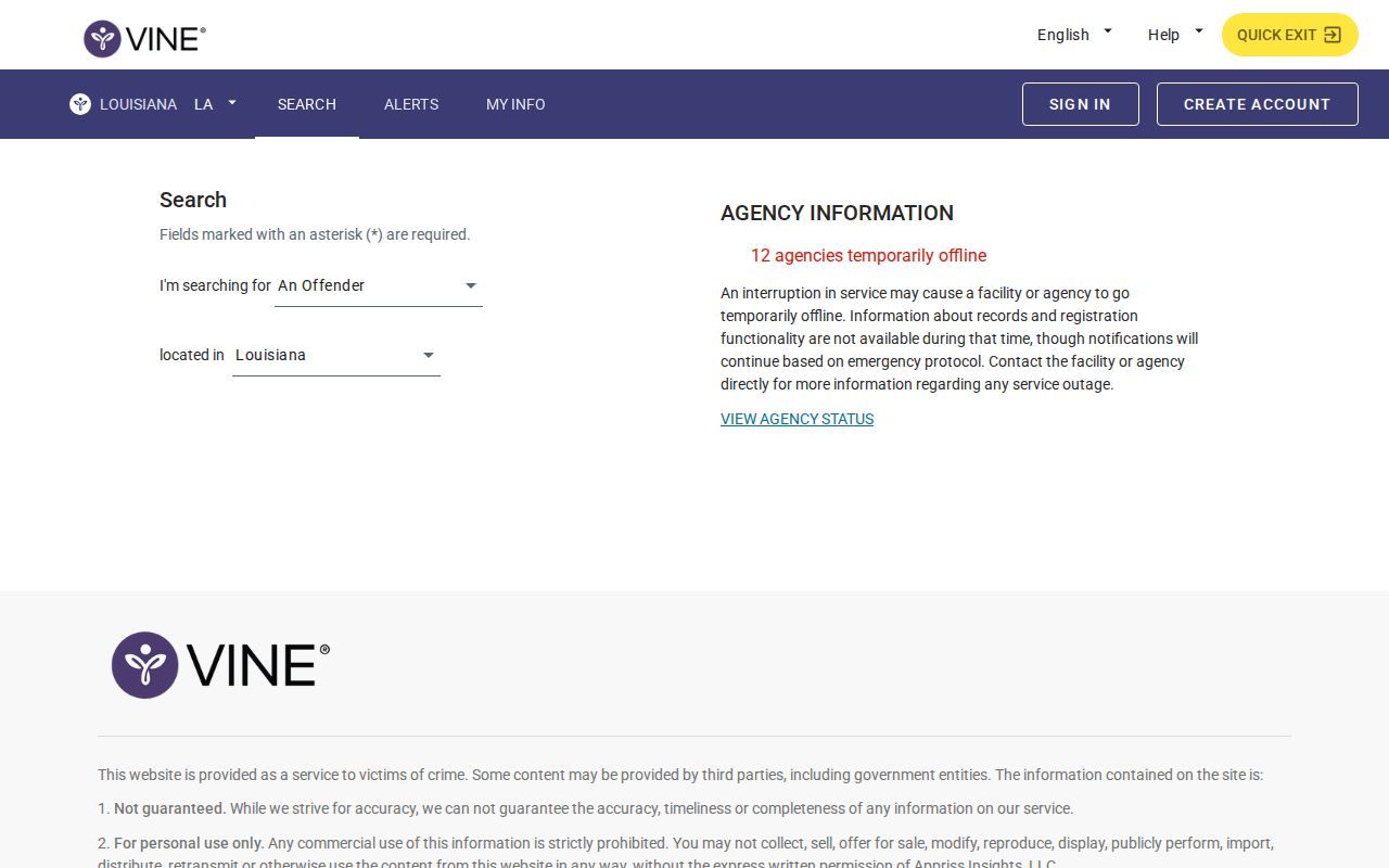 VINELink Louisiana person search interface