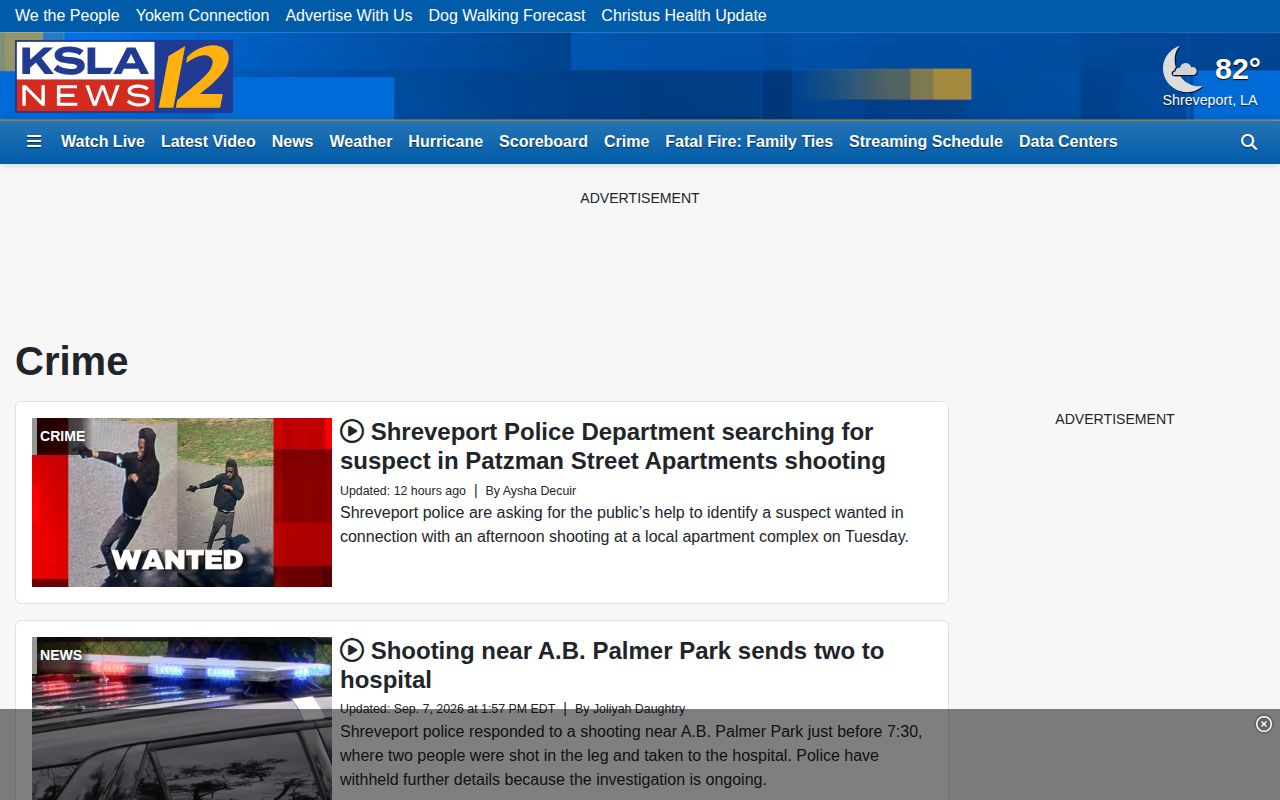 KSLA local crime news section covering Caddo Parish and Shreveport